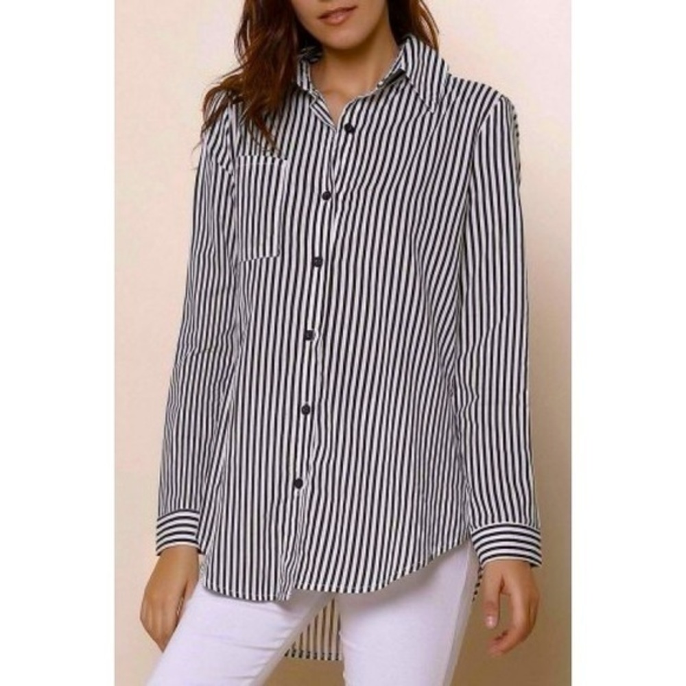 Chic button up Shirt Collar Long Sleeve Pin Striped Women Top instyle cotton L